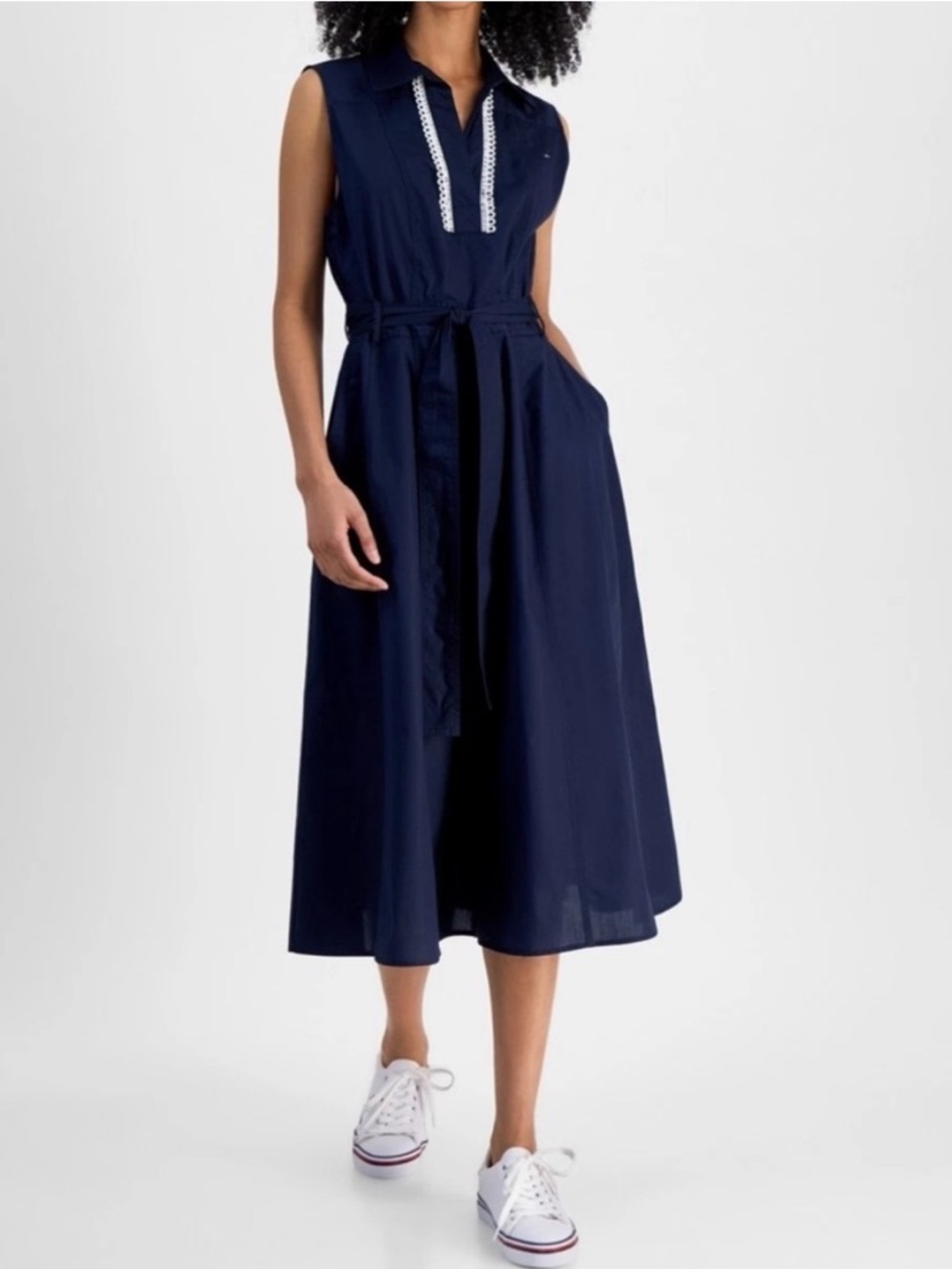 Tommy Hilfiger Navy Sleeveless Midi Shirt Dress with Contrast Trim